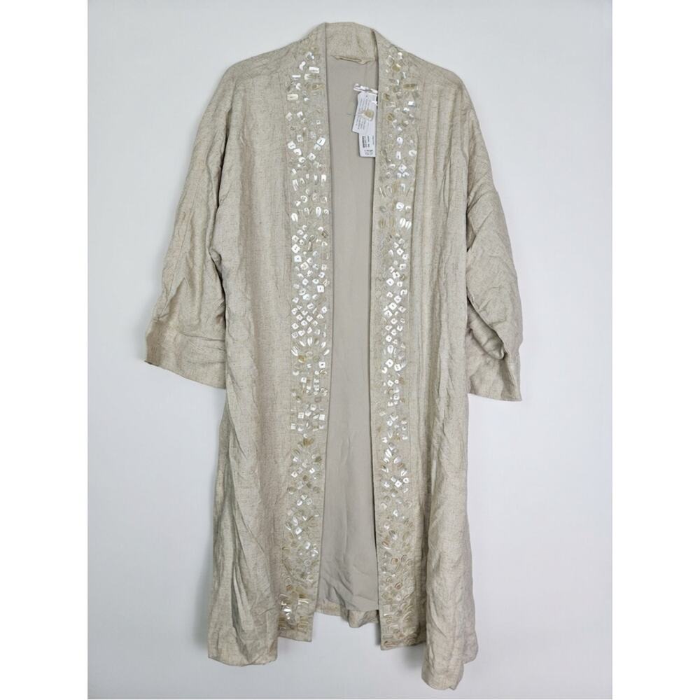 NEW Soft Surroudings 1X Jahan Topper Tan Linen Beaded Boho Jacket Lagenlook